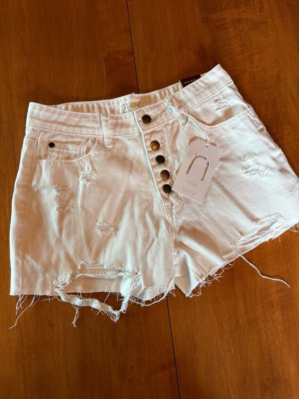 NWT Nature Denim High Rise Distressed Button-Fly White Denim Shorts